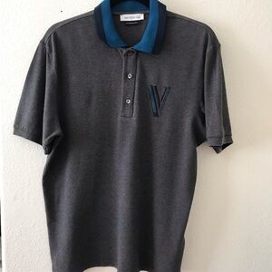Versace collection Men's Charcoal Polo Shirt with Blue Trim - V Embroidery